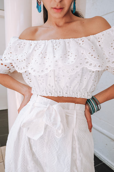 Openwork Embroidered White Crop Top