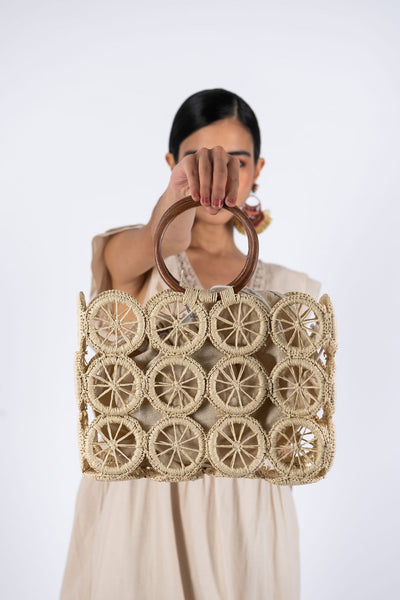 Straw Flower Handbag-Beige