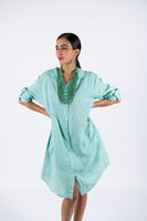 Linen Shirt Dress-Aqua