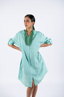 Linen Shirt Dress-Aqua