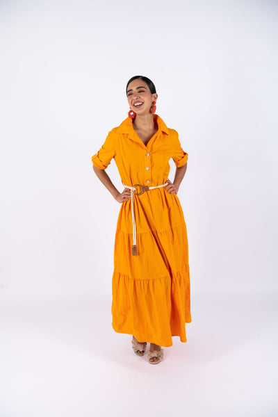 Poplin Flared Short-Sleeve Shirtdress - Orange