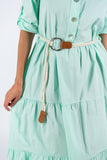 Poplin Flared Short-Sleeve Shirtdress - Aqua Blue