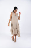 Linen Sleeve-Less Asymmetrical Dress - Beige