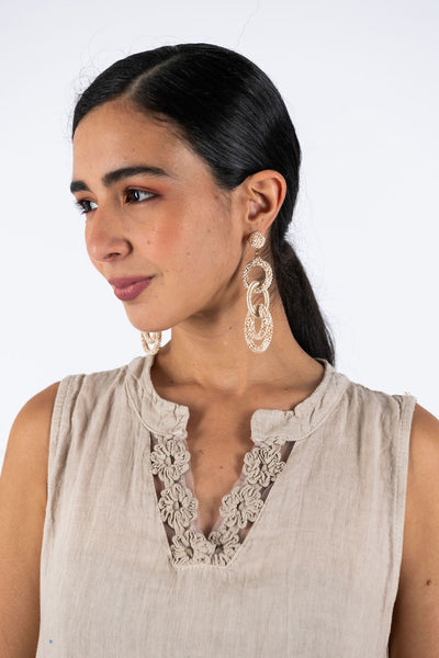 Beaded Drop Hoop Earrings - Beige