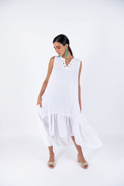 Linen Sleeve-Less Asymmetrical Dress - White