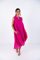 Linen Sleeve-Less Asymmetrical Dress - Fuchsia