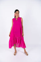 Linen Sleeve-Less Asymmetrical Dress - Fuchsia