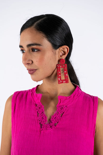 Geometrical Beaded Earrings - Fuchsia