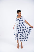 Polka Dot Linen Short Sleeves Midi Dress - White