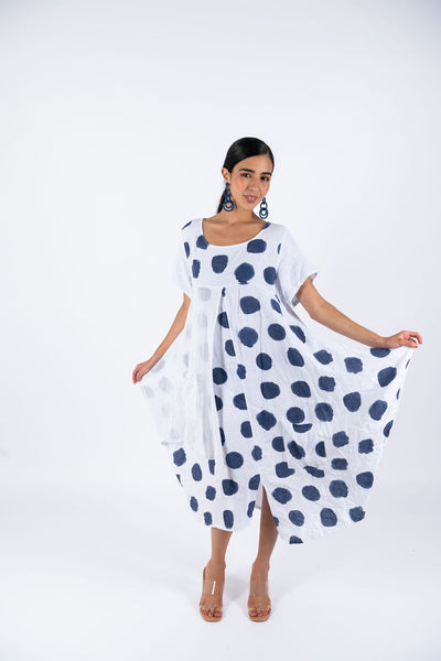 Polka Dot Linen Short Sleeves Midi Dress - White