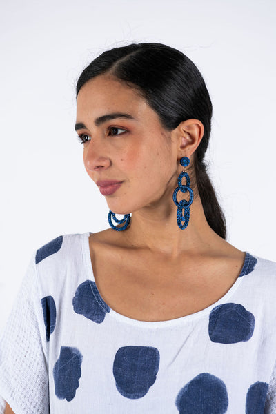 Beaded Drop Hoop Earrings - Blue