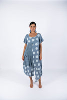 Polka Dot Linen Short Sleeves Midi Dress - Light Blue