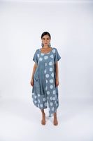 Polka Dot Linen Short Sleeves Midi Dress - Light Blue