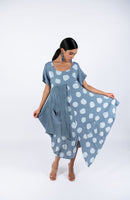 Polka Dot Linen Short Sleeves Midi Dress - Light Blue