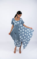 Polka Dot Linen Short Sleeves Midi Dress - Light Blue