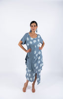 Polka Dot Linen Short Sleeves Midi Dress - Light Blue