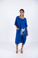 Flower Linen Short Sleeves Midi Dress - Blue