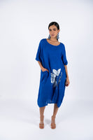 Flower Linen Short Sleeves Midi Dress - Blue