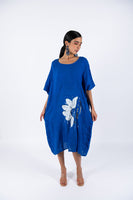 Flower Linen Short Sleeves Midi Dress - Blue