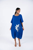 Flower Linen Short Sleeves Midi Dress - Blue