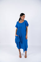 Linen Short Sleeves Midi Dress-Blue