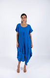 Linen Short Sleeves Midi Dress-Blue