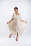 Polka Dot Linen Short Sleeves Midi Dress - Beige