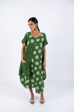 Polka Dot Linen Short Sleeves Midi Dress-Green