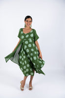 Polka Dot Linen Short Sleeves Midi Dress-Green