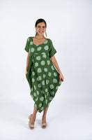 Polka Dot Linen Short Sleeves Midi Dress-Green