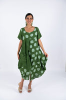 Polka Dot Linen Short Sleeves Midi Dress-Green