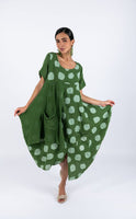 Polka Dot Linen Short Sleeves Midi Dress-Green