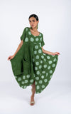 Polka Dot Linen Short Sleeves Midi Dress-Green