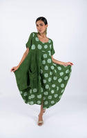 Polka Dot Linen Short Sleeves Midi Dress-Green