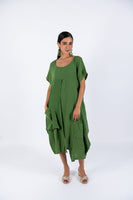 Linen Short Sleeves Midi Dress-Green