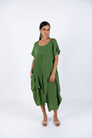 Linen Short Sleeves Midi Dress-Green