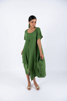 Linen Short Sleeves Midi Dress-Green