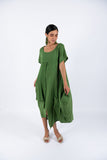 Linen Short Sleeves Midi Dress-Green