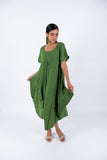 Linen Short Sleeves Midi Dress-Green