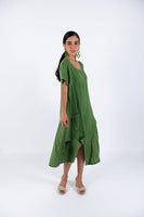 Linen Short Sleeves Midi Dress-Green