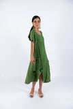 Linen Short Sleeves Midi Dress-Green