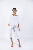 Flower Linen Short Sleeves Midi Dress - White