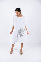 Flower Linen Short Sleeves Midi Dress - White