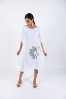 Flower Linen Short Sleeves Midi Dress - White