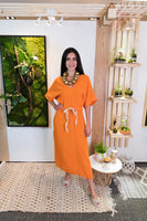 Long Linen V-neck Dress-Orange