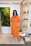 Long Linen V-neck Dress-Orange