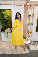 Long Linen V-neck Dress-Yellow