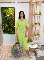 Long Linen V-neck Dress-Lime Green