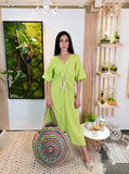 Long Linen V-neck Dress-Lime Green