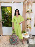 Long Linen V-neck Dress-Lime Green